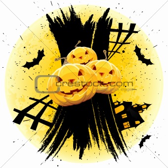 Grungy Halloween background with pumpkins house and bats