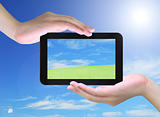 fresh grass and tablet PC in women hand on sky