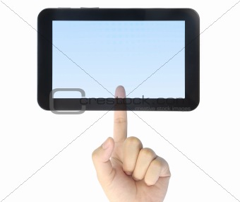 hand pressing touch pad PC isolated on white background