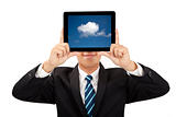 smiling businessman holding tablet pc and cloud thinking concept
