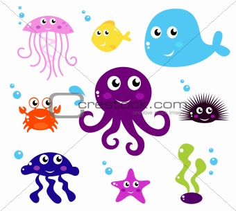 Cartoon Sea animals, fishes or Creatures icons isolated on white