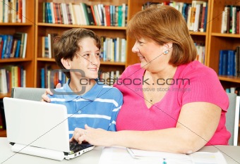 Mom and Son in Library