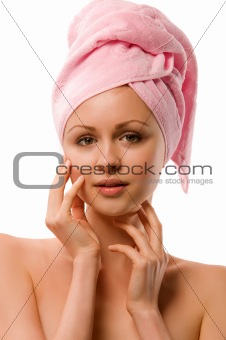 young woman with a towel on his head