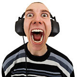 Funny man in stereo headphones shouting