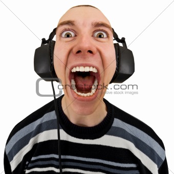 Funny man in stereo headphones shouting