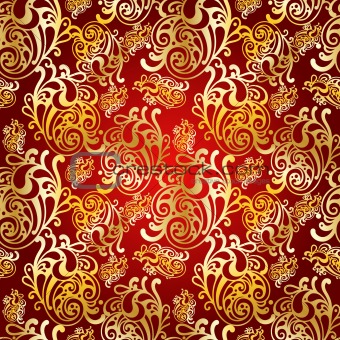 vector seamless golden floral pattern on red background