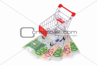 Empty Shopping Cart on Euro Banknotes Isolated on White
