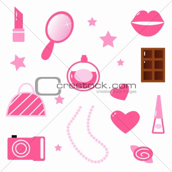 Girls pink icons and elements isolated on white
