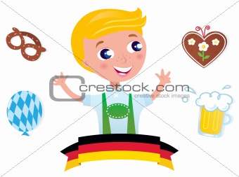 Cute bavarian Octoberfest male & icons isolated on white backgro