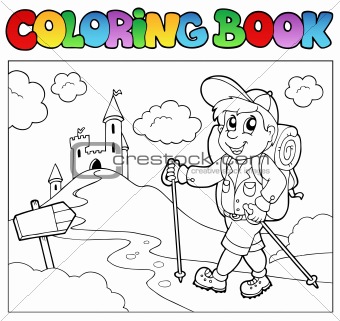 Coloring book with hiker boy