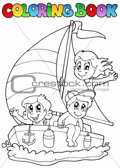 Coloring book with yacht and kids