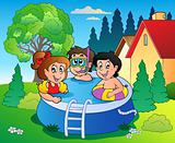 Garden with pool and cartoon kids