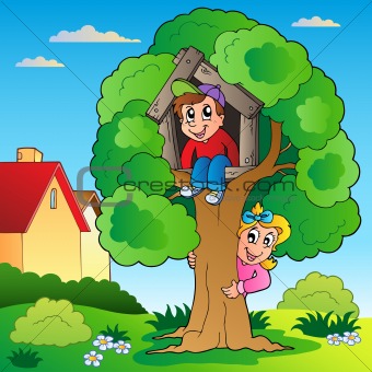 Garden with two kids and tree