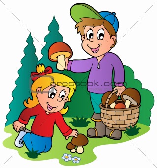 Kids picking up mushrooms