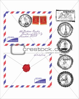 airmail envelope with World landmarks stamps