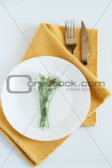 Fork, knife, plate and small white flowers