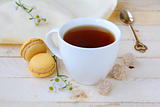 cup of fragrant tea with sugar and sweets