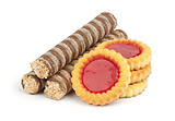 creamy wafer rolls and cookies with jam
