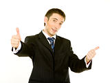 Portrait of a excited business man showing a success sign