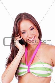 young smiling woman talking by phone on a white background