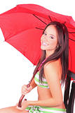 Beautiful young lady under a red umbrella isolated on white 