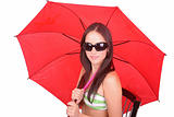 Portrait of young woman with a red umbrella on white background 