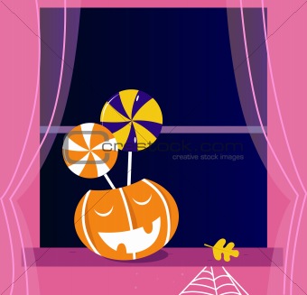 Pumpkin head or Jacks o' lantern, Candy, Window
