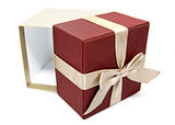 empty opened gift box with a gold color ribbon