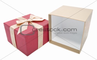 empty opened gift box with a gold color ribbon
