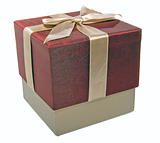 closed gift box with a gold ribbon