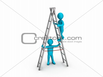 Man climbing ladder and another helping him