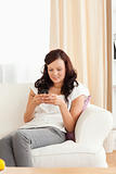 Woman sitting on a sofa texting 