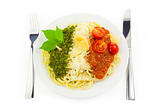 Italian flag - pasta with green pesto, white parmesan and red to