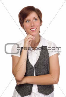 Pretty Smiling Young Red Haired Adult Female Looking Up and Over Isolated on a White Background.