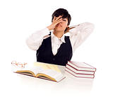 Frustrated Mixed Race Young Adult Female Student At White Table with Books and Paper Isolated on a White Background.