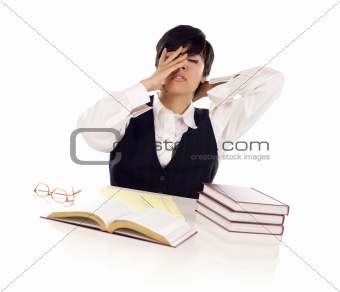 Frustrated Mixed Race Young Adult Female Student At White Table with Books and Paper Isolated on a White Background.