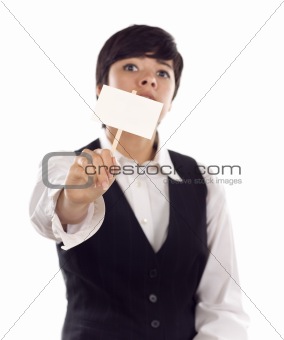 Mixed Race Young Adult Female Holding Blank White Sign in Front of Her Isolated on a White Background.