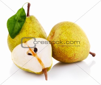 fresh pear fruits with cut and green leaves