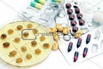 Penicillum colonies and different pills