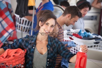 Smiling Woman In Laundromat