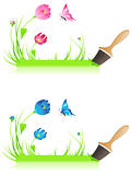 green banner with paintbrush, grass, butterfly and flowers
