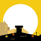 Autumn town black wilhouette with Sunset - vector background
