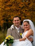 Just Married Portrait in Yellow Trees
