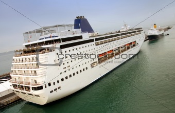 Rear view of cruise ship in port