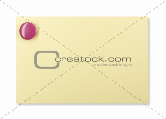 Pushpin on a yellow note on a white background with shadow