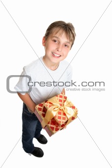 Child holding wrapped presents isolated