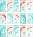 Fruit and vegetables icons on floral banners background collecti