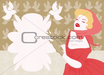 Beautiful happy woman retro portrait card with birds and space 