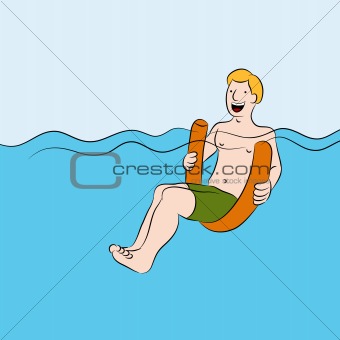 Man Floating on Swimming Pool Floatation Noodle