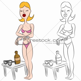 Bikini Woman Applying Sunscreen Lotion to Her Arm